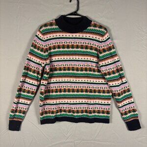 J.Crew Fair Isle Mock Neck Sweater Womens L Pink Green Wool Blend Cottage Preppy